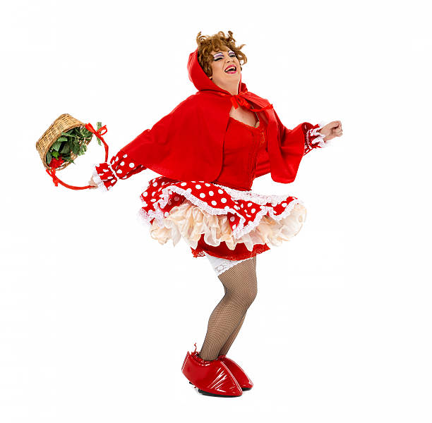 Actor Drag Queen Dressed as Little Red Riding Hood, on white background