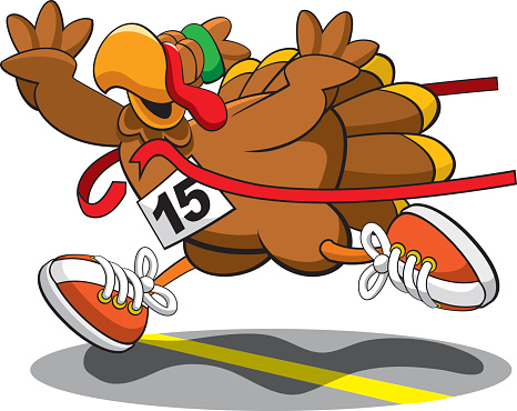 A vector illustration of a turkey trotting to victory in a Thanksgiving charity race.