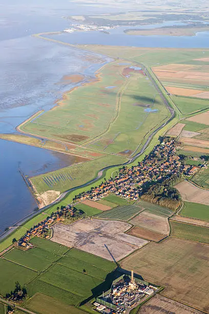 Aerial coastal view of the shore of Ameland Frisian Island with green fields, dike and sea, The Netherlands