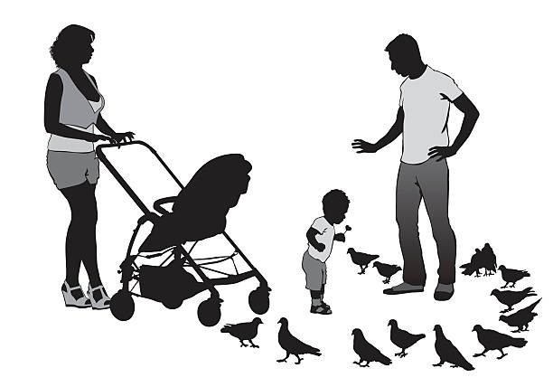Family on walk Family on a walk with the children in the urban park pigeon family stock illustrations