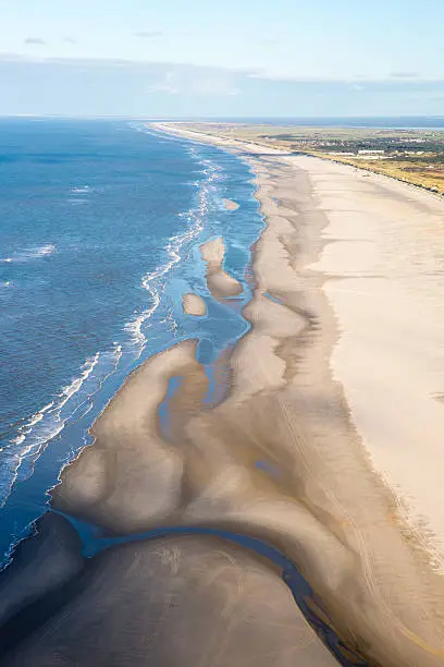 Aerial coastal view of the shore of Ameland Frisian Island, The Netherlands