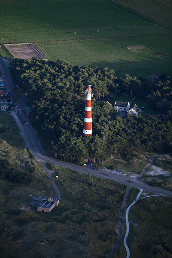 Aerial view of the Ameland Lighthouse, known as Bornrif, is a lighthouse on the Dutch island Ameland, one of the Frisian Islands, on the edge of the North Sea, The Netherlands