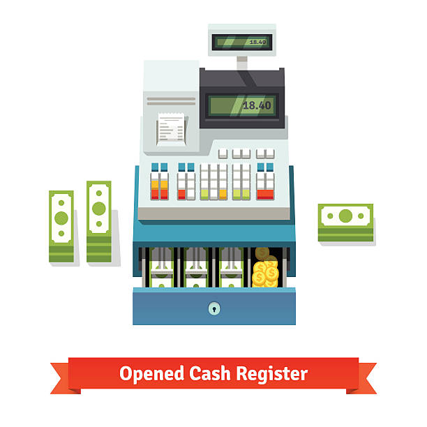 ilustraciones, imágenes clip art, dibujos animados e iconos de stock de inaugurado caja registradora, papel dinero y las monedas en el interior - cash register coin cash box checkout counter