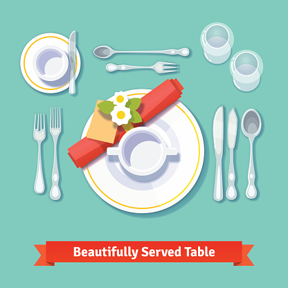 Beautifully served table. Formal dinner setting. Isolated flat style vector illustration.