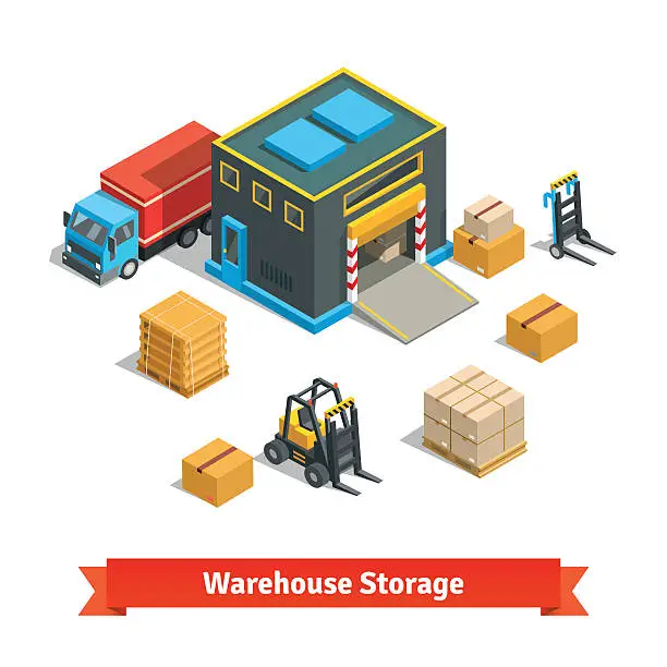 Vector illustration of Wholesale warehouse storage building with forklift