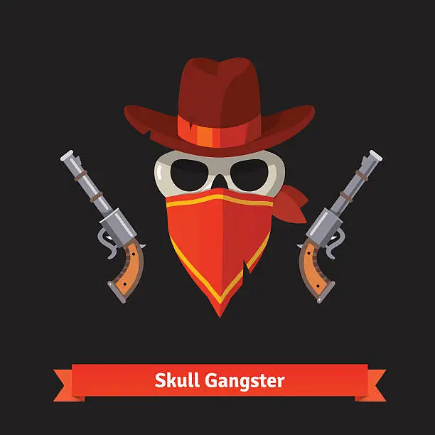 Vector illustration of Skull gangster in stetson hat with revolver guns