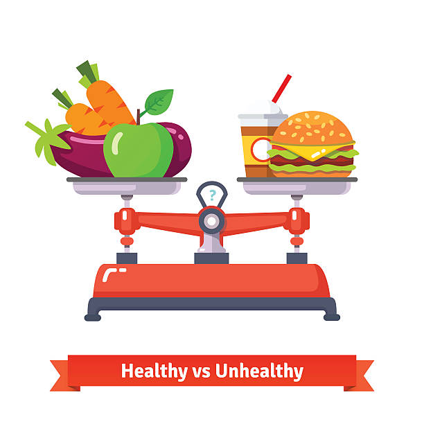 ilustrações, clipart, desenhos animados e ícones de ­ da má alimentação saudável - weight scale apple comparison balance