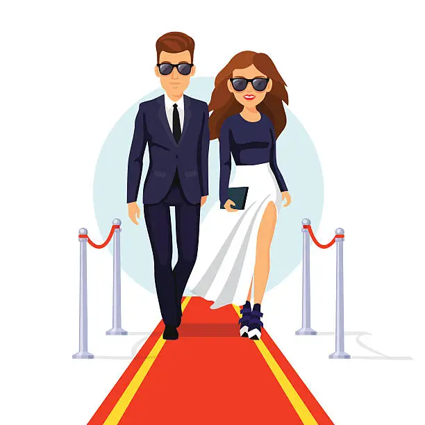 Vector illustration of Two rich celebrities walking on a red carpet