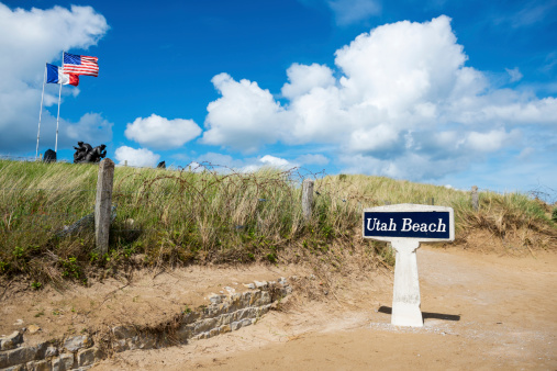 Utah Beach, site of a D-Day landing on June 6, 1944. In the background is a memorial to the U.S. Navy.