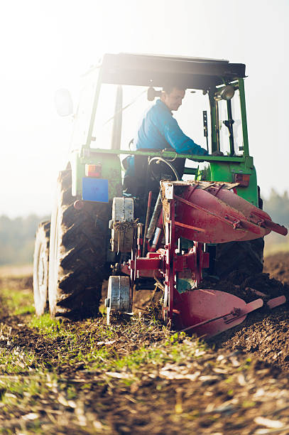 트랙터 ploughing 굴절률은 필드에 햇빛 - horizon over land rural scene horizon landscaped 뉴스 사진 이미지