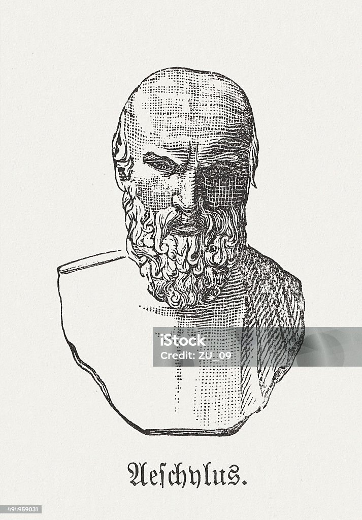 Aeschylus (c.525/524 BC-c.456/455 BC), Greek tragedian, wood engraving, published 1881 Aeschylus (c. 525/524 BC - c. 456/455 BC), ancient Greek tragedian. He is often described as the father of tragedy. Woodcut engraving after an ancient bust, published in 1881. Accidents and Disasters stock illustration