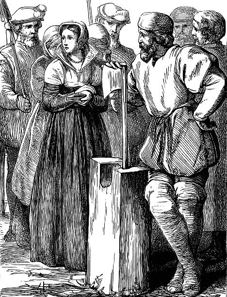 Execution of Lady Jane Grey An engraved vintage illustration of the execution of the English queen Lady Jane Grey from a Victorian book dated 1868 that is no longer in copyright executioner stock illustrations