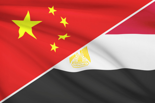 Flags of China and Arab Republic of Egypt blowing in the wind. Part of a series.