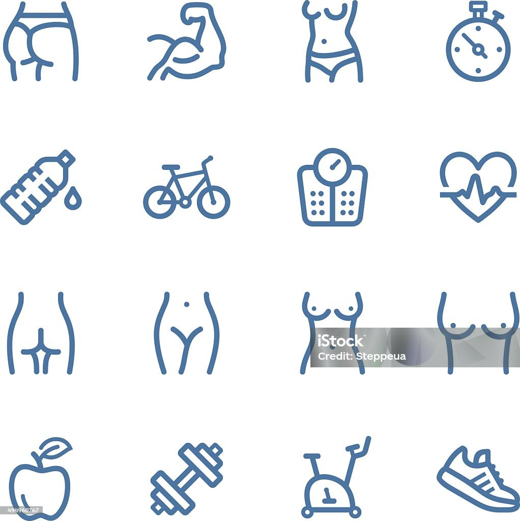 Fitness icons Vector Line icons set. One icon consists of a single object. Files included: Vector EPS 8, HD JPEG 3000 x 3000 px Women stock vector