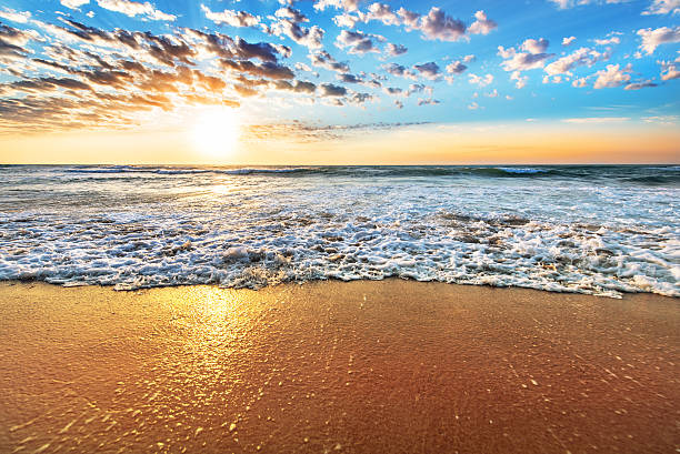 istock Colorful ocean beach sunrise with deep blue sky. 494961246