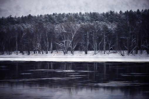 Digital art, sketch, paint effect, winter scenery, frozen lake, Quebec, Canada
