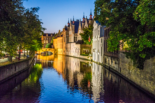 The magical town of Bruges in Belgium, at night.