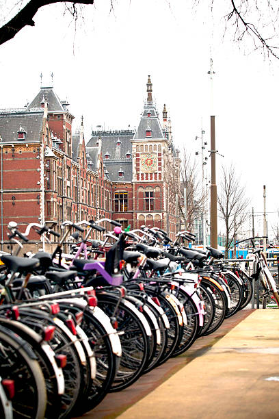 Bicycles along the canals of Amsterdam, Netherlands stock photo