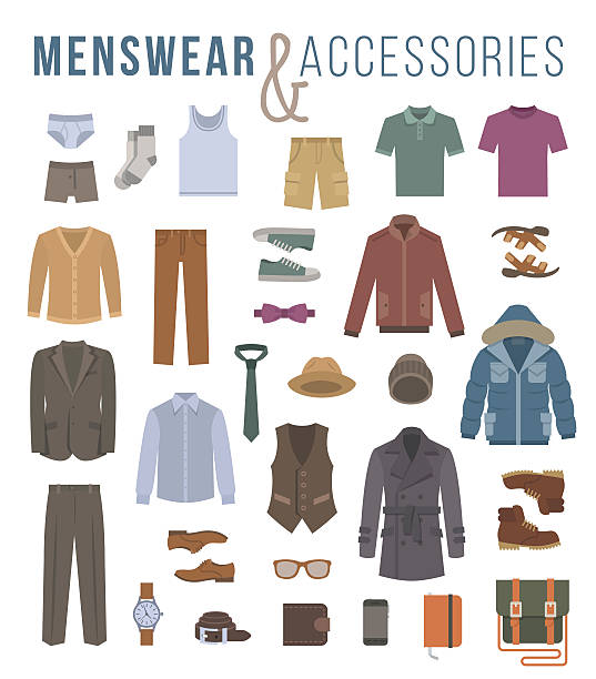 ilustraciones, imágenes clip art, dibujos animados e iconos de stock de hombres de moda ropa y accesorios de vector iconos plana - consumption level illustrations