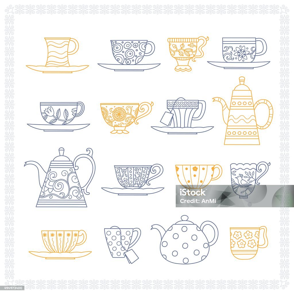Set of teacups and teapots Set of different teacups and teapots in blue and yellow colors on white background with frame Tea Cup stock vector
