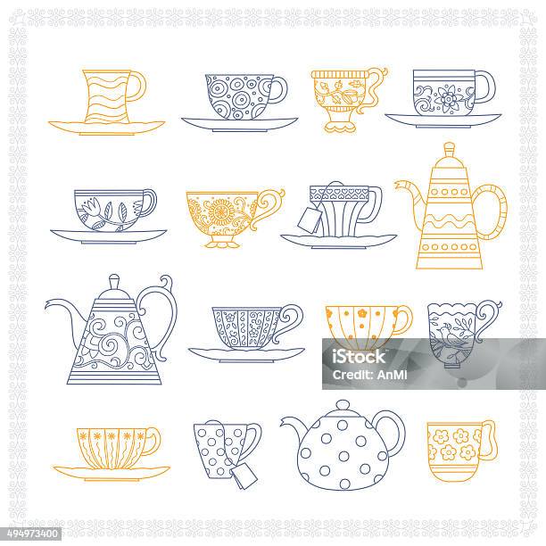 Set Of Teacups And Teapots Stock Illustration - Download Image Now - Tea Cup, Tea - Hot Drink, Ornate