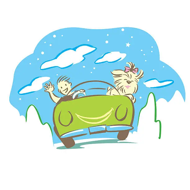 Vector illustration of Man and dog travel with car in holiday