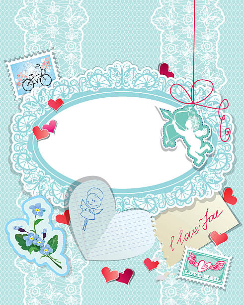 ilustraciones, imágenes clip art, dibujos animados e iconos de stock de vintage tarjeta de navidad con periódicos, corazones, ángel, estampillas - invitation postcard scrapbook day