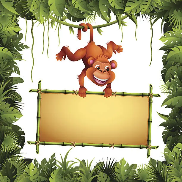 Vector illustration of Jungle and Monkey with a Bamboo Sign