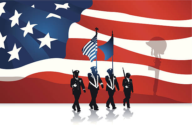 istock Military Parade, Fallen Soldier and American Flag Background 494978551
