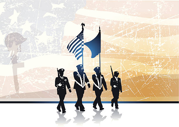 military parade, fallen soldier & amerikanische flagge im grunge-stil - flag bearer stock-grafiken, -clipart, -cartoons und -symbole