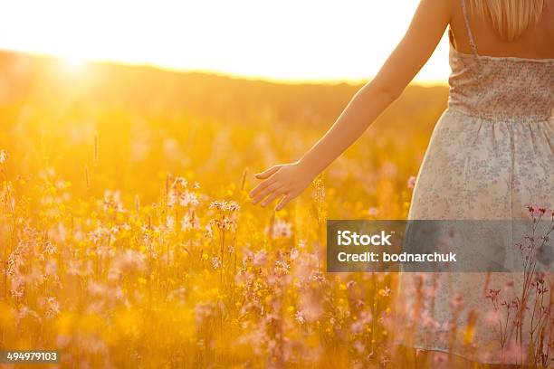 Flowers And The Woman Palm In The Field Stock Photo - Download Image Now - Adult, Agricultural Field, Back Lit
