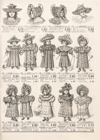 fashion clothing for girls. antique shop advertising, page of original shopping catalog La Samaritaine, Paris, France, circa 1898