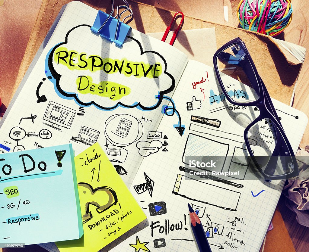 Designer scrivania con il concetto di Design di tipo responsivo - Foto stock royalty-free di Progetto