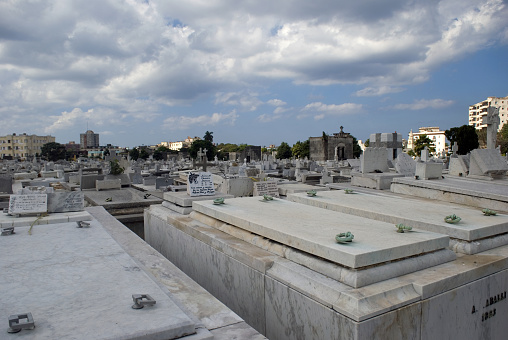 Havana, Cuba - January 28, 2014: Cristobal Colon Cemetery in Havana is a free outdoor exhibition of arts. Most of the tombs are carved carefully, some of them are real masterpieces. Prominent people of Cuban history are buried here.