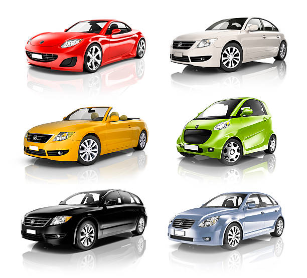 Group of 3D Diverse Cars in a Row Group of 3D Diverse Cars in a Row hybrid car photos stock pictures, royalty-free photos & images