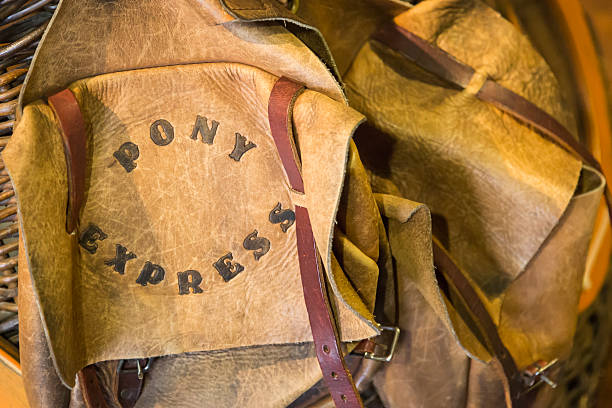 pónei vintage expressa em cabedal sacos de golfe bicolores - pony express imagens e fotografias de stock