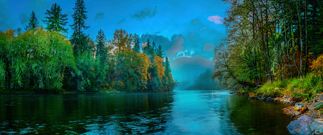 Panoramic View of Foggy River in the evening