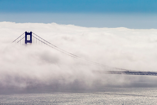 Golden gate bridge with low fog . Photographed from Angels Island.