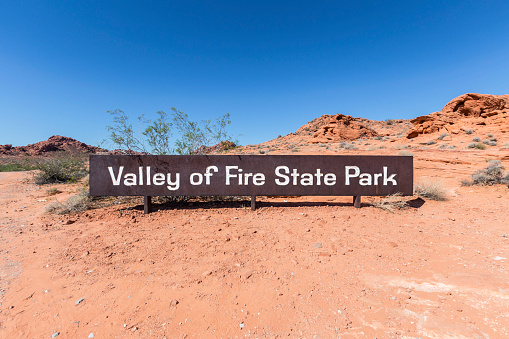 Valley of Fire State Park entrance sign near Las Vegas in southern Nevada.