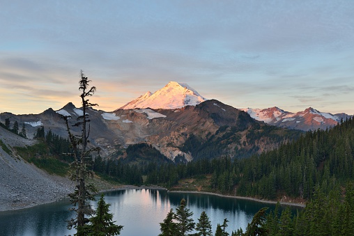 Mt. Baker and Iceberg Lake viewed from Herman Saddle at sunrise, Mt. Baker-Snoqualmie National Forest