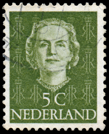 NETHERLANDS - CIRCA 1949: A stamp printed in Netherlands, shows portrait of Queen Juliana, monogram and a crown without inscription, from the series \