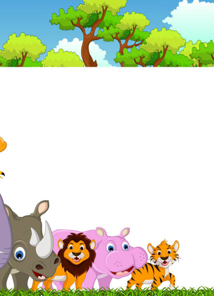 Animal Cartoon With Tropical Forest Background And Blank Sign Stock  Illustration - Download Image Now - iStock