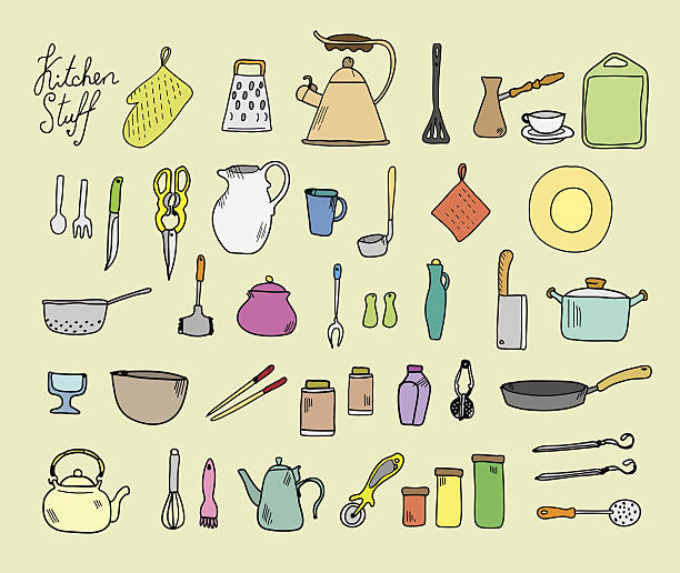 부엌 용품 비치. - tea cup coffee cup teapot domestic kitchen stock illustrations
