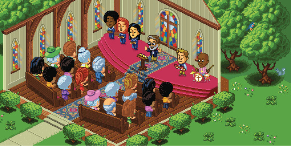 Vector illustration of a church service in a cute cartoon video game pixel art style. The church is located in a forest setting and is rendered in isometric perspective. Separated into layers for easy editing.
