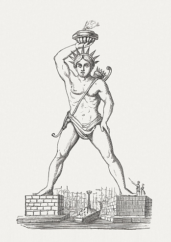 The Colossus of Rhodes was a statue of the Greek god Helios, erected on the Greek island of Rhodes between 292 and 280 BC. It is considered to be one of the Seven Wonders of the Ancient World. Woodcut engraving, published in 1881.