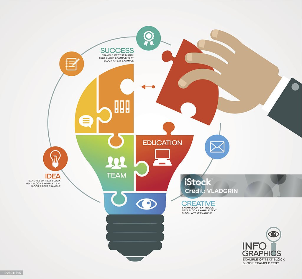 Creative design template with light bulb Creative vector template with a light bulb, puzzles, human hand and icons. Concept business ideas. Abstract stock vector