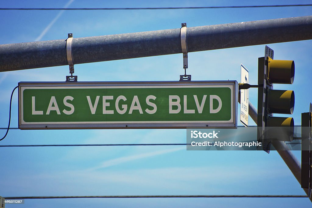 Las Vegas Boulevarde sign Roadsign over the Las Vegas Boulevarde near to the 'Welcome to Las Vegas' sign. Advice Stock Photo
