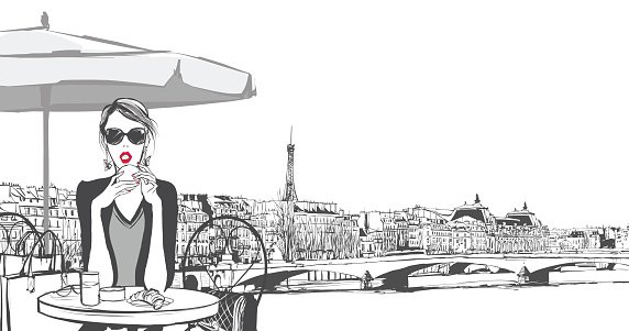 Young woman having breakfast in Paris - Vector illustration