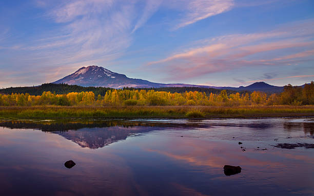 Mt Adams at Dusk Mt Adams in the fall as seen from Trout Lake. trout lake stock pictures, royalty-free photos & images