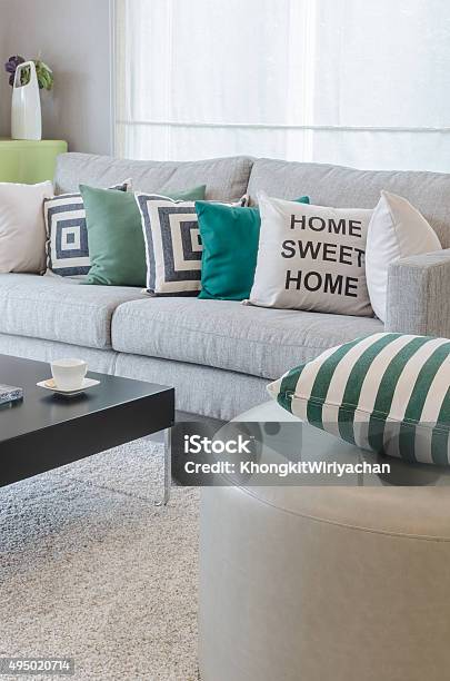 Green And White Pillows On Round Chair Stock Photo - Download Image Now - 2015, Apartment, Architecture